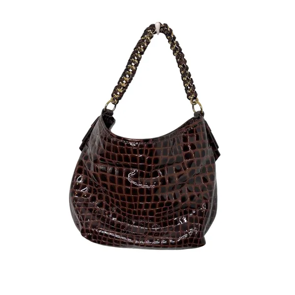 Antonio Melani Brown Patent Leather Croc Embossed Woven Chain Handle Bag - Image 12