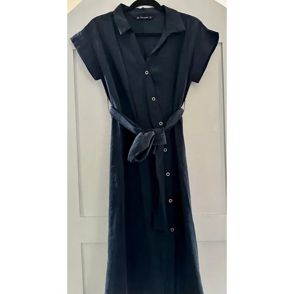 ZARA Basic Navy Blue Shirt Dress Midi Button Front Belted Womens XS - Image 2