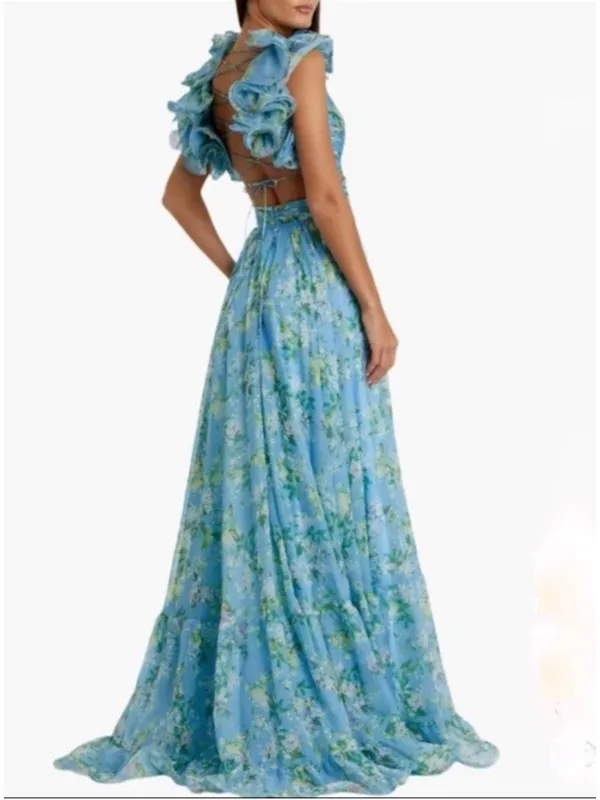 Mac Duggal Blue Ruffle Tiered Floral Cut-Out Chiffon Gown 6 Fairy Whimsy Formal - Image 4
