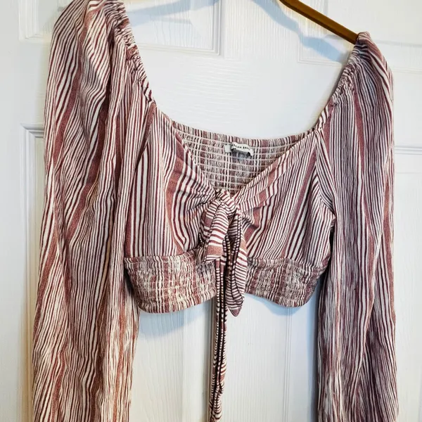 American Eagle Outfitters Striped Smocked Tie Front Crop Top Long Sleeve M - Image 5