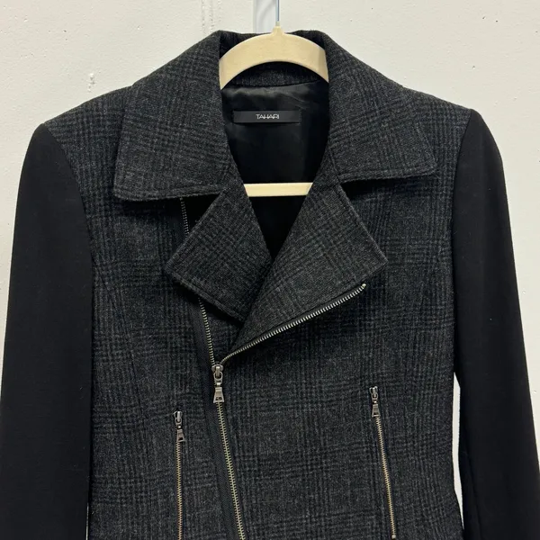 Tahari Women's Plaid Wool Blend Moto Jacket Black Gray Mixed‎ Media MR87X103 - Image 4