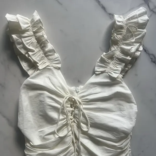 Zara Ruffle Strap Ruched Linen Blend Dress Off White Cream Medium Coastal - Image 6