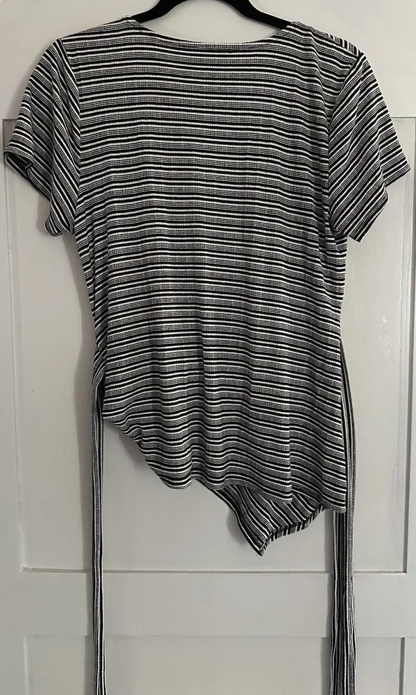 7 For All Seven Mankind Wrap Top Women L Black White Stripe Pima Cotton Tie - Image 5