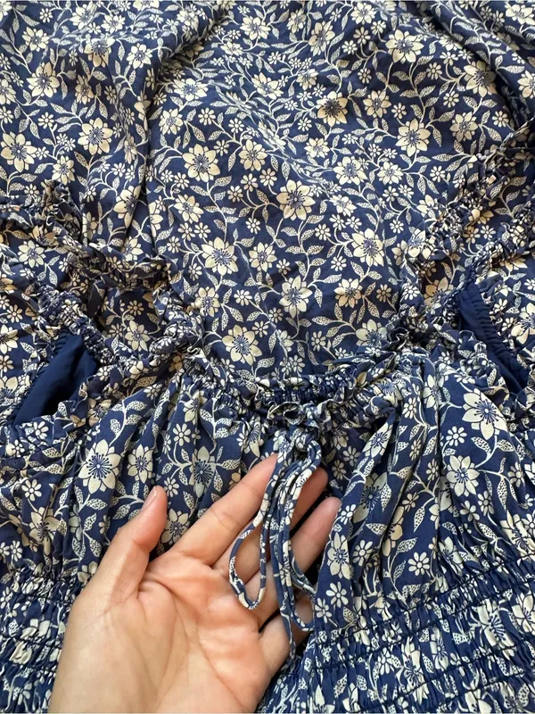 Blue Floral Babydoll Midi Dress Milkmaid Smocked Waist Cottage Boho Summer - Image 3