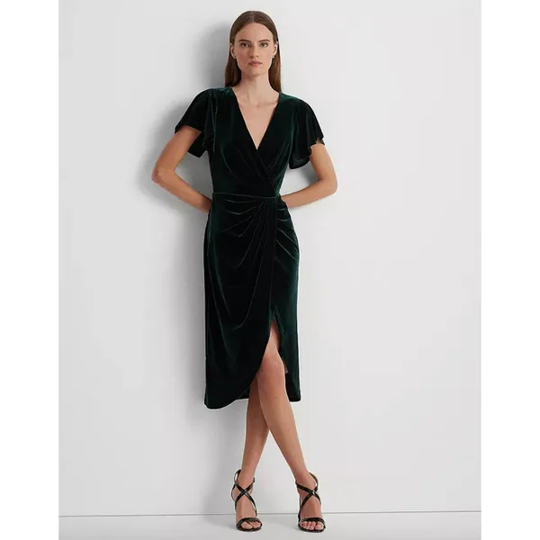 Lauren Ralph Lauren Velvet Flutter Sleeve Cocktail Midi Dress Green US 16 NWT - Image 3