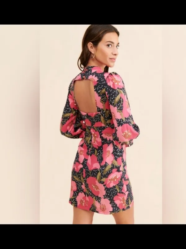 O Anthropologie Linen Kachel Black Mini Dress with Pink Floral Print NWOT size 4 - Image 2