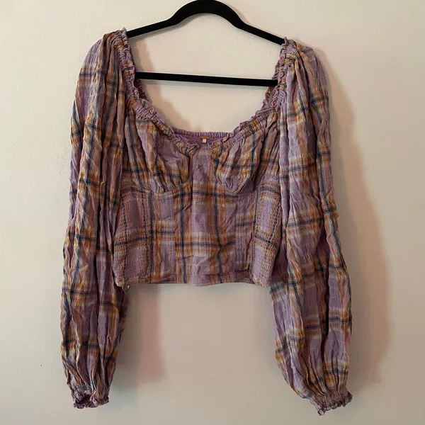 Free People Purple Plaid Puff Sleeve Babydoll Blouse Cropped Women's size Large - Image 2