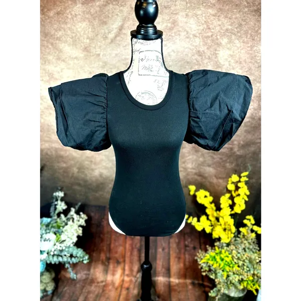 Zara Puff Sleeve Ribbed Bodysuit - Black - size S - Image 8