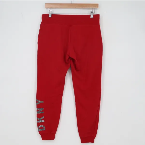 DKNY Sport Joggers Womens S Red Glitter Logo Fleece Sweatpants Excellent - Image 6