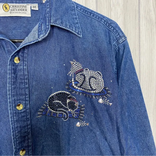 Christine Alexander Bedazzled Cat Button Down Chambray Denim Shirt size M Medium - Image 9