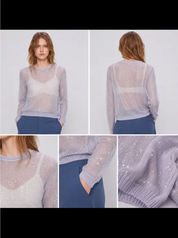ZARA Sequin Sheer Knit Top – Lavender Sparkle Long Sleeve - Image 2
