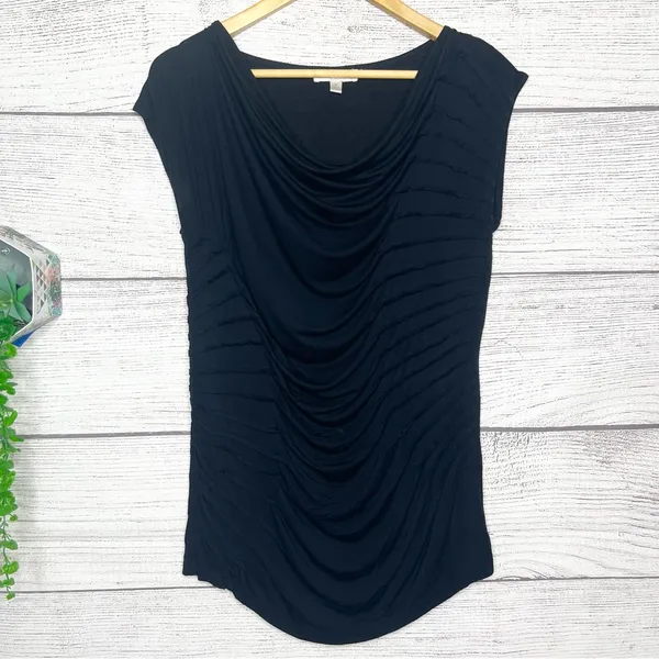 Vintage KENAR Black Cowl Neck Cap Sleeve Shirred Drape Blouse Top Size Small - Image 6
