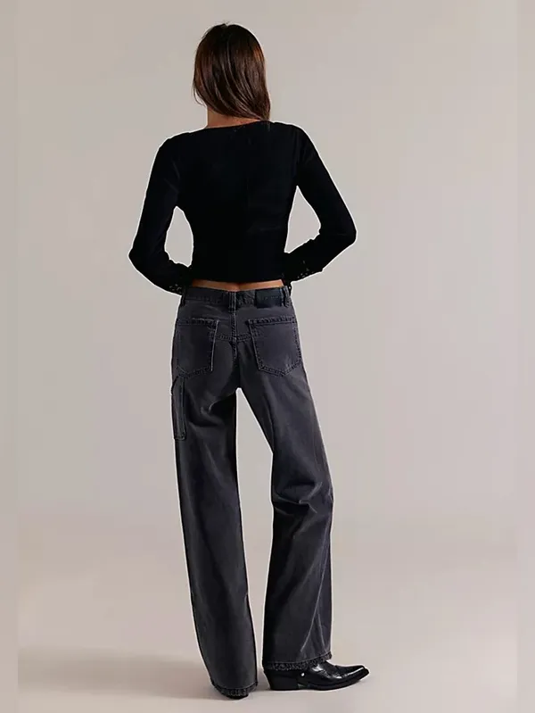 Free People We The Free Tinsley Baggy High Rise Straigjt Leg Jeans Faded Black Slouch Grunge - Image 2