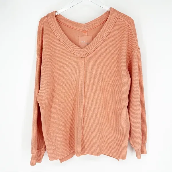 Aerie Cozy V-Neck Ribbed Sweater Women's Size S Orange‎ Loungewear - Image 2