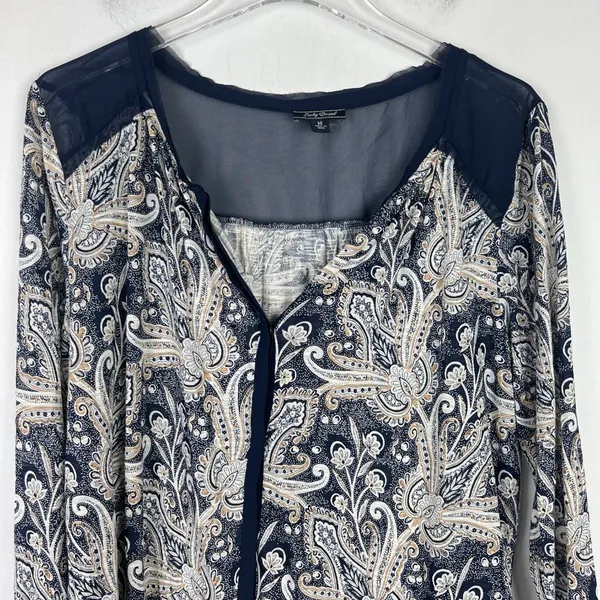 Lucky Brand Printed Woven Mix Top Button Front Navy Size Medium M EUC L1448 - Image 3