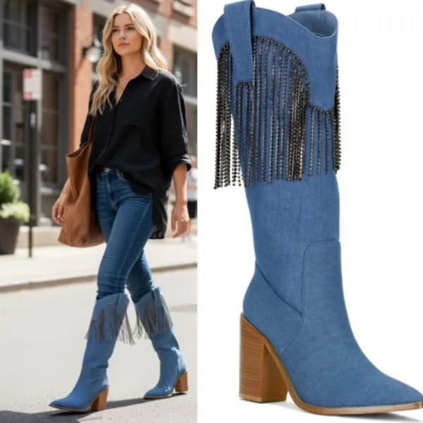 NEW Venus Cowgirl Embellished Fringe Blue Denim Boot SZ-9 Y2k Festive - Image 2