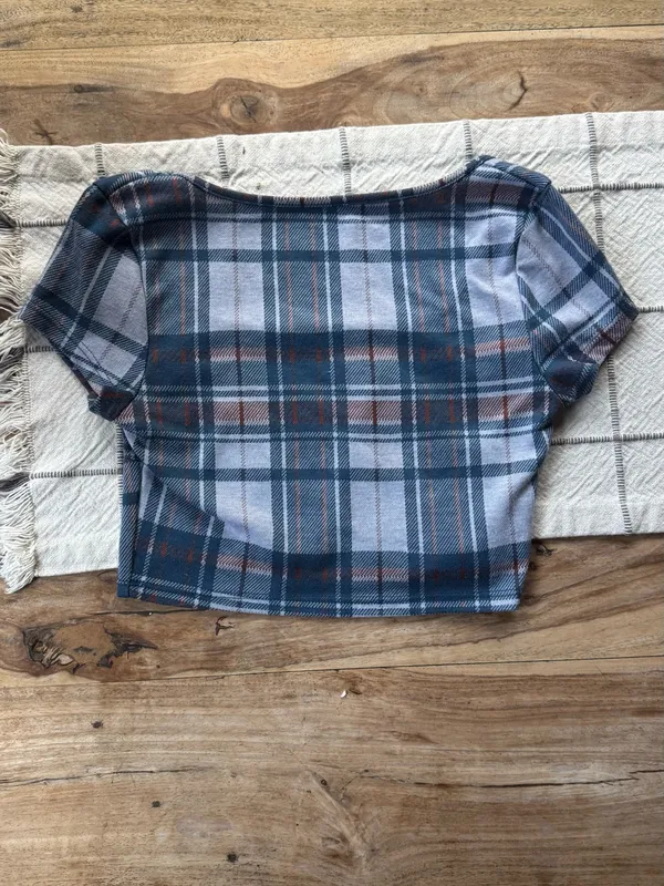 Plaid Scoop Crop Top in Gray and Navy Size XS - Image 2