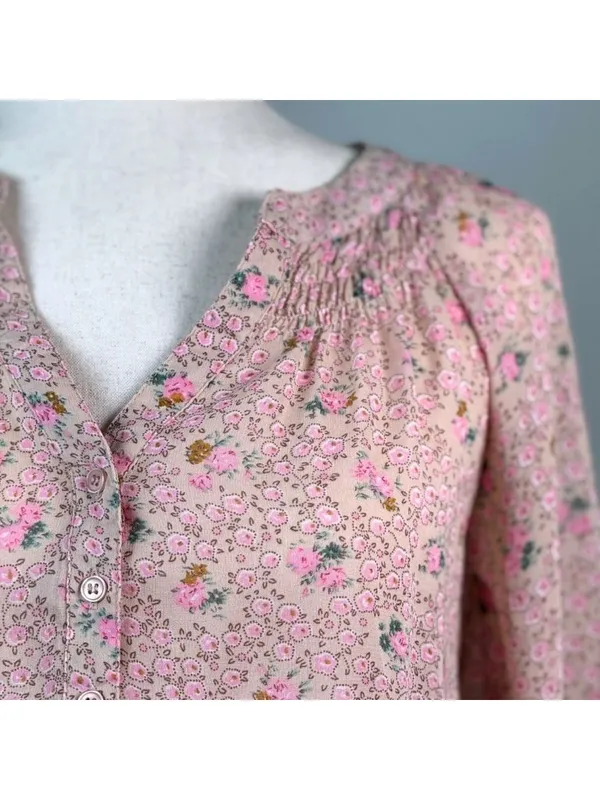 Pink Ditsy Floral Sheer Chiffon Smocked Dress XS Cottagecore Peasant Milkmaid - Image 2