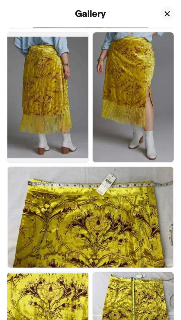 Anthropologie Slim Fringed Velvet Midi Skirt Flowy High Waisted Yellow - Image 5