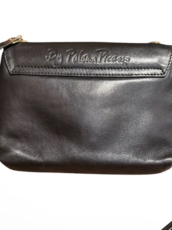 Vintage Paloma Picasso Black Leather Crossbody Bag with Gold Logo X Accent EUC - Image 3