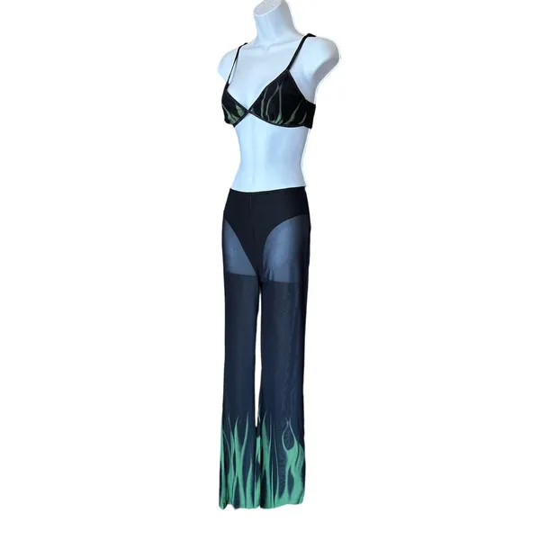 Superdown Black Sheer Flare Pant Set MEDIUM Crop Top Wicked Cochella $88 NEW - Image 7