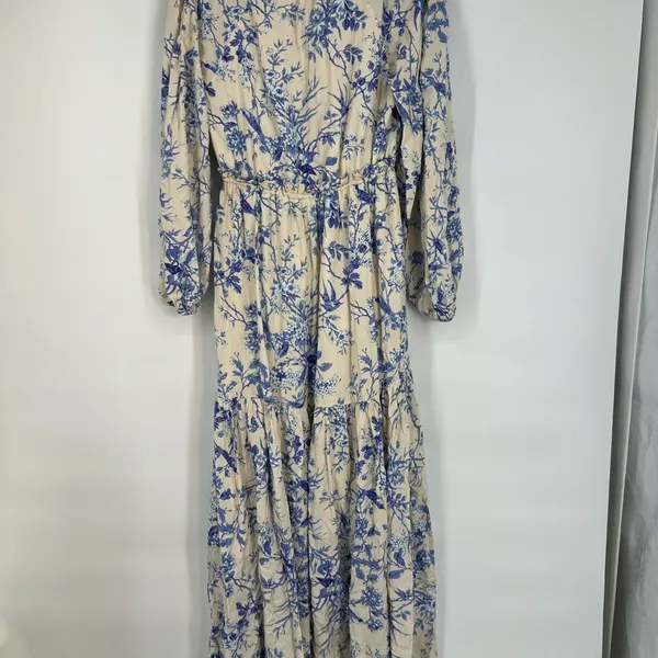 Blue Floral Long Sleeve Tiered Maxi Dress Cream/Blue XS - Image 4