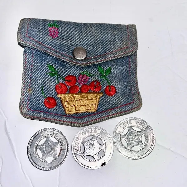 Vintage denim cherry basket coin purse • button pouch • with lucky coins - Image 2