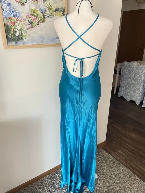 Zum Zum By Niki Livas Vintage 90s Y2K Sequin Halter Satin Prom Dress Teal 9/10 - Image 6