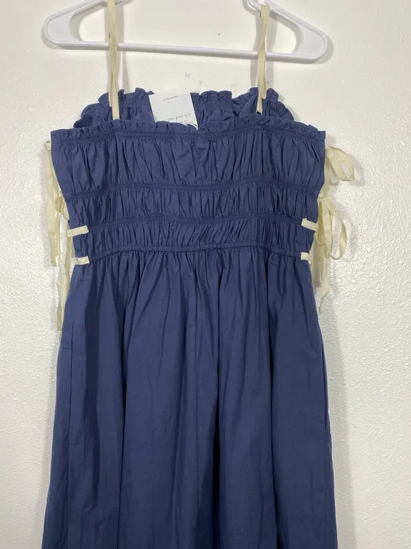 Navy Midi Dress with White Trim and Spaghetti Straps Size L 100% Cotton - Image 7
