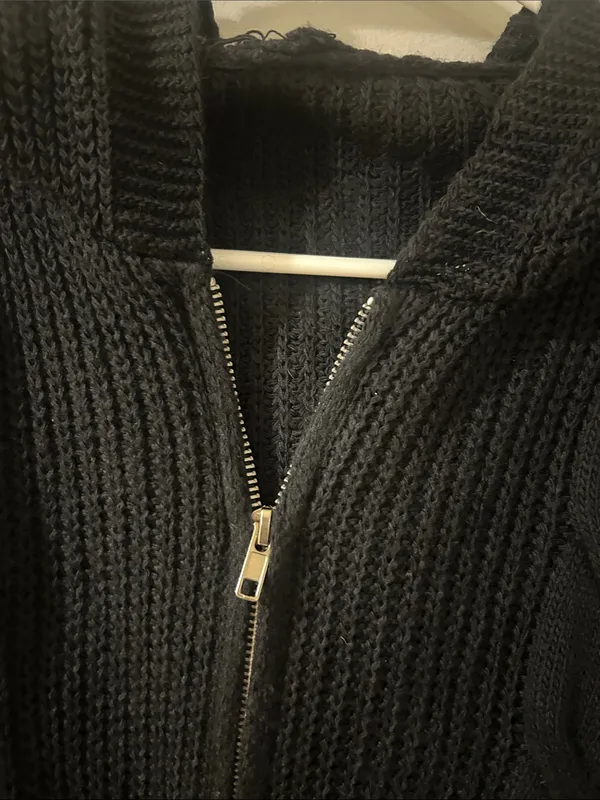 SHEIN Black Cable Knit Zip-Up Hoodie Cardigan - Image 3