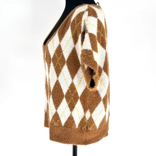 Free People Sweater Vest Women's Through the Motion Argyle Boxy Tan Cream Medium - Image 5