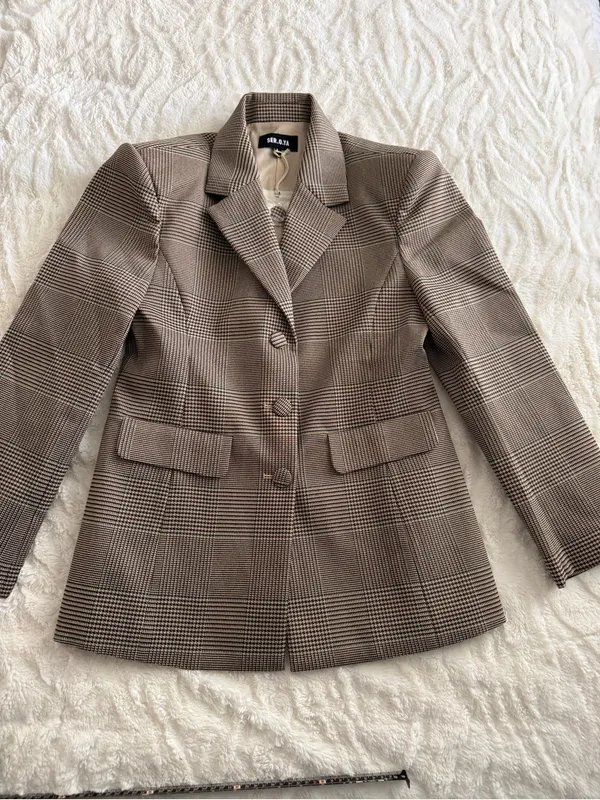 SER.O.YA Brown Plaid Blazer L Tailored Glen Check Quiet Luxury Jacket - Image 5