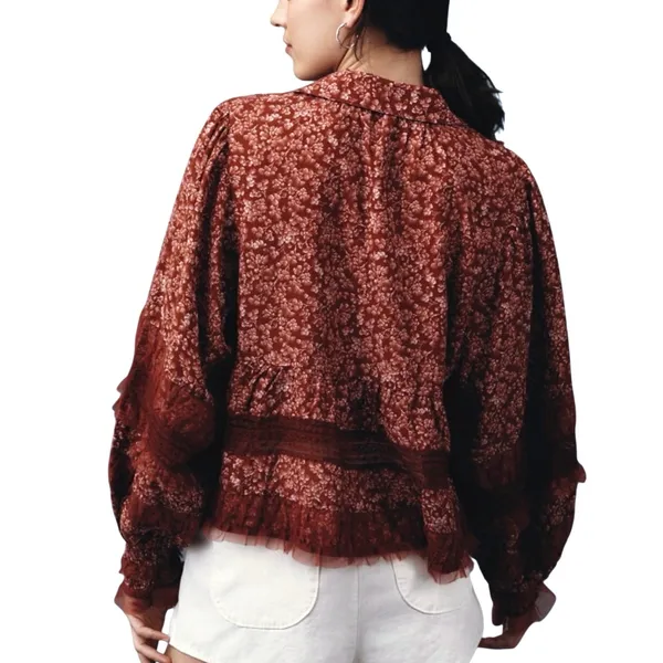 ANTHROPOLOGIE Women’s Boho Red Floral Lace Vneck Long Sleeve Top - Image 3