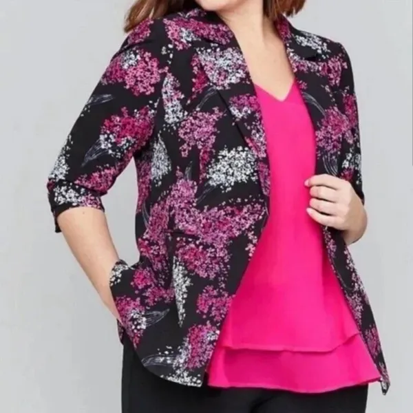 Lane Bryant Crepe "The Bryant" Black Pink Floral Blazer - Image 2