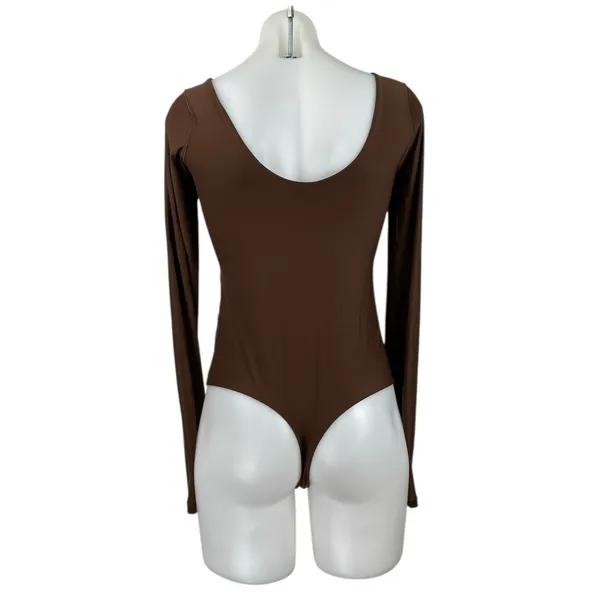 Aerie Smoothez Brown Scoop Neck Long Sleeve Sculpt Thong Bodysuit Top Size L - Image 3