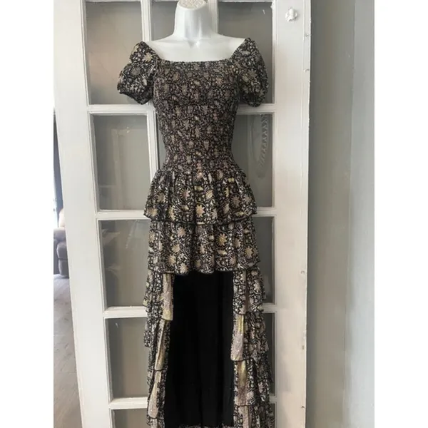 Muche et Muchette Black Gold Floral Smocked High-Low Tiered Ruffle Maxi Dress‎ - Image 7