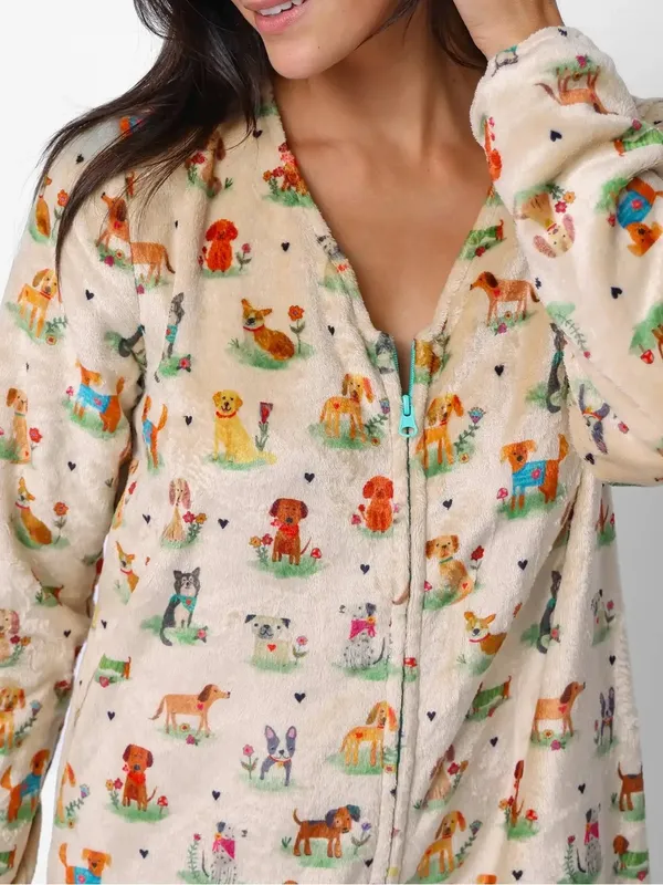 Natural Life Dog Park One Piece Pajamas Large Plush Fleece Dog Print Jumpsuit - Image 8