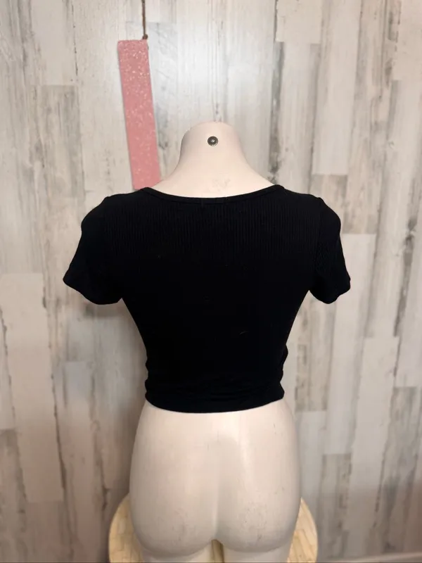 Bozzolo Ribbed Henley Crop Top Womens L Black Scoop Neck Short Sleeve Baby Tee - Image 3
