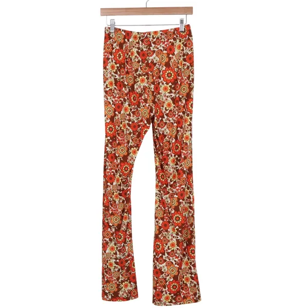 SHEIN Womens Retro Floral Flare Pants Orange Brown 70s Style Size M - Image 4