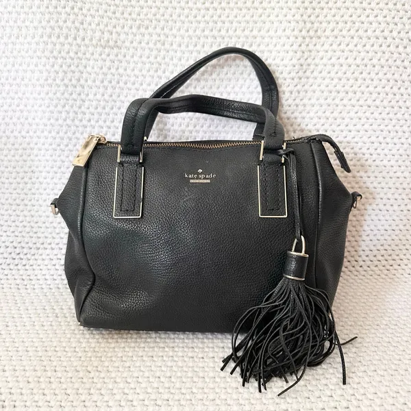 Kate Spade Small Top Zip Alena Black Leather Satchel Shoulder Bag Tassel Fob - Image 2