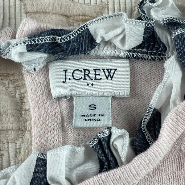 J.Crew Women's Light Pink Cotton Ruffle‎ Gingham Trim Keyhole Sweater Small - Image 3