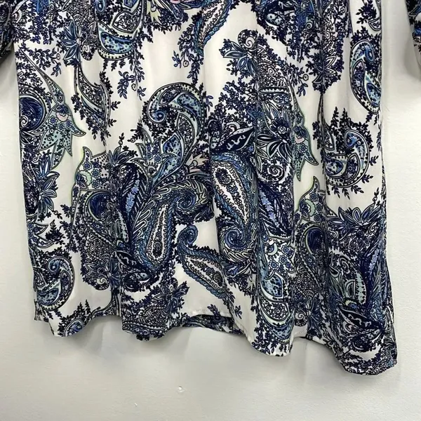 DR2 by Daniel Rainn Blue White Paisley Shift Dress Tassel Tie Neck Split MEDIUM - Image 8