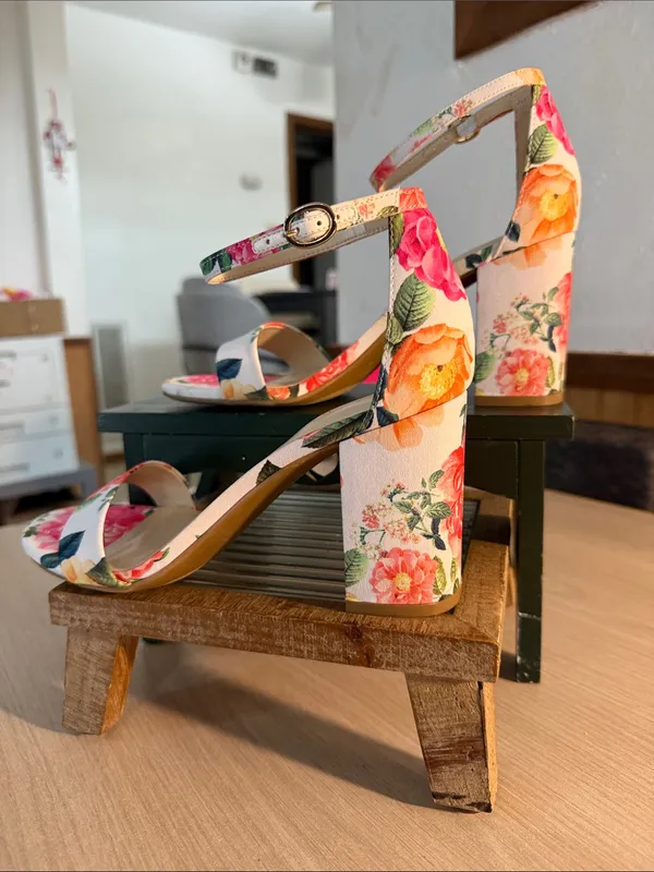 Nine West Floral Open-Toe Ankle-Strap Block Heels in Pink and Green - Image 3