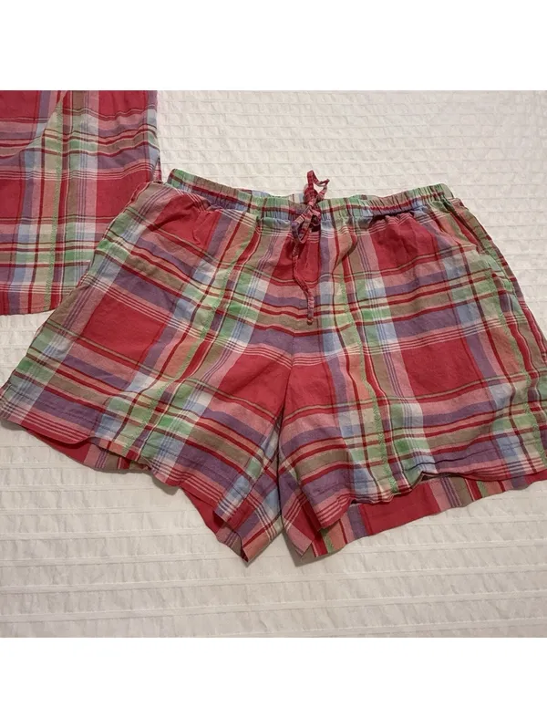 Lauren Ralph Lauren Plaid Multi Color Pajama Button Up Shirt & Shorts Set Medium - Image 14