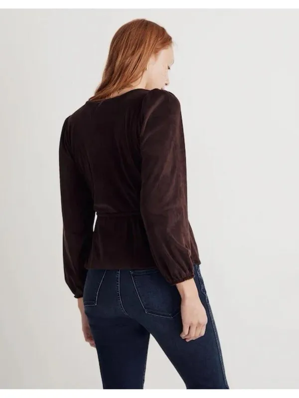 Madewell Corduroy Tie Front Faux Wrap Top Spiced Raisin Balloon Sleeve S - Image 2
