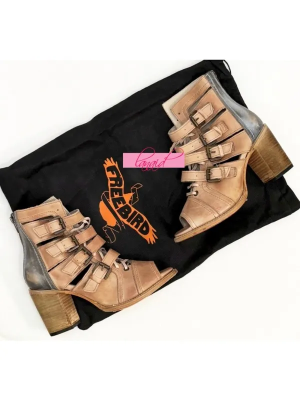 Freebird Braeden Blush Leather Tan Distressed Edgy Buckles Low Heel Sandals 10 - Image 13