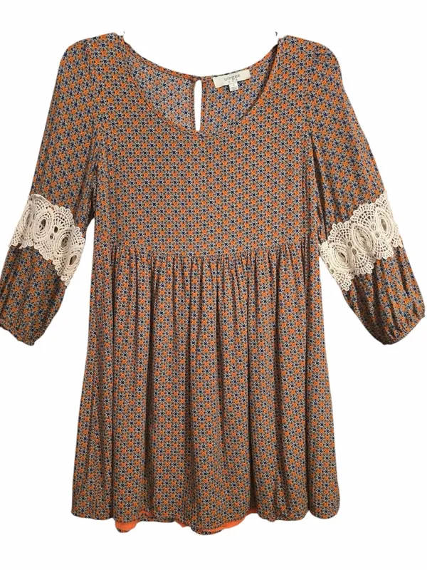Umgee Boho Tunic Top Large Orange Blue Crochet Lace Bell Sleeve Babydoll - Image 2