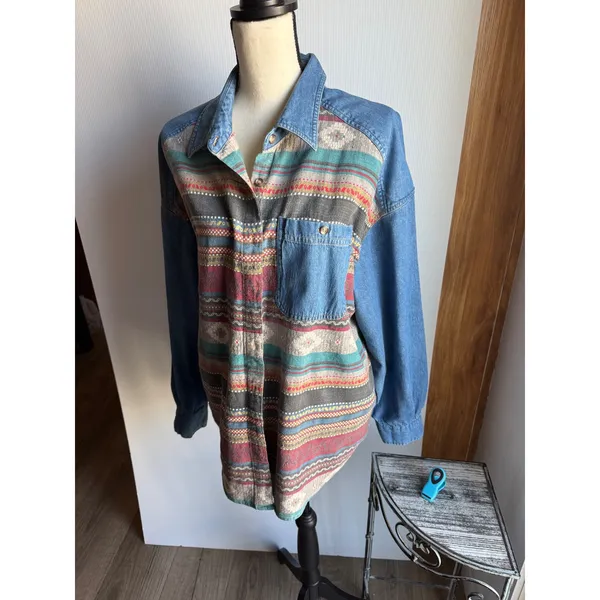 CM Company Brand‎ Denim Southwestern Print Button Down Shirt XL Blue Cotton - Image 2