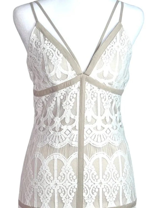 Ecru Split Front Lace Maxi Dress M Cage Spaghetti Straps Prom Beach Wedding - Image 5