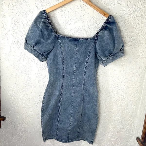 MELE E PERE | Acid Wash Denim Front Snap Puff Sleeve Stretchy Mini Dress Size S - Image 7